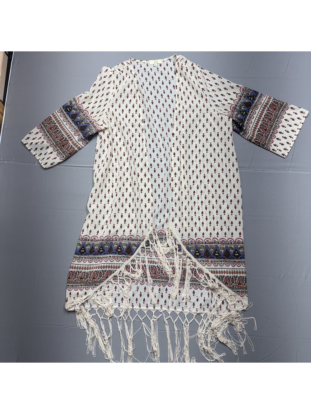 Kori America Womens Kimono Cardigan Cotton Paisley Fringe Adult M Cream Boho